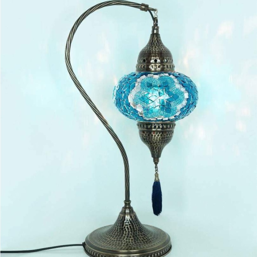 Turkish Morrocan Tiffany Mosaic Style Table Lamp with Hammered Bronze